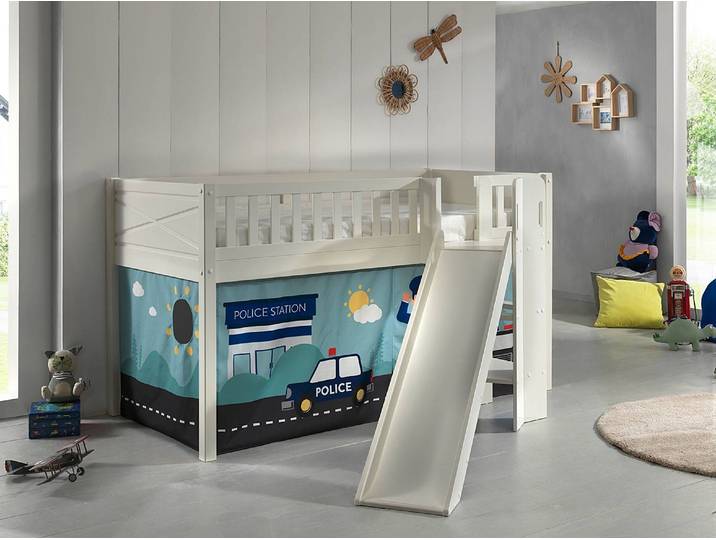 Spielbett mit Rutsche 90 x 200cm Weiß/Hellblau mit Vorhang