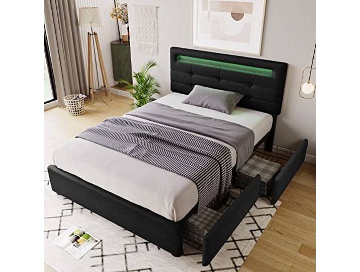 Merax Polsterbett 90x200cm mit LED-Beleuchtung und 2 Schubladen, Einzelbett Bettgestell mit Lattenrost und Höhenverstellbarem Kopfteil, Leinenmaterial, Jugendbett, Schwarz, ohne Matratze