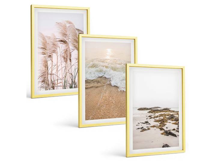 Tulup Bilder SET 3er Set - 40x60 cm Goldrahmen - Strandgras, Wellen, Steine, Boho-Stil, Goldfarben, Kunststoff, Rechteckig, 40x60 cm, Fotografie, Bilder & Rahmen, Bilder