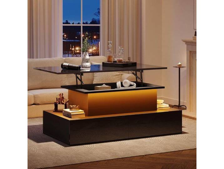 Table Basse Rectangulaire Contemporaine avec 4 tiroirs et Plateau relevable Table Basse LED Meuble de Salon Noir 80x55x41 cm