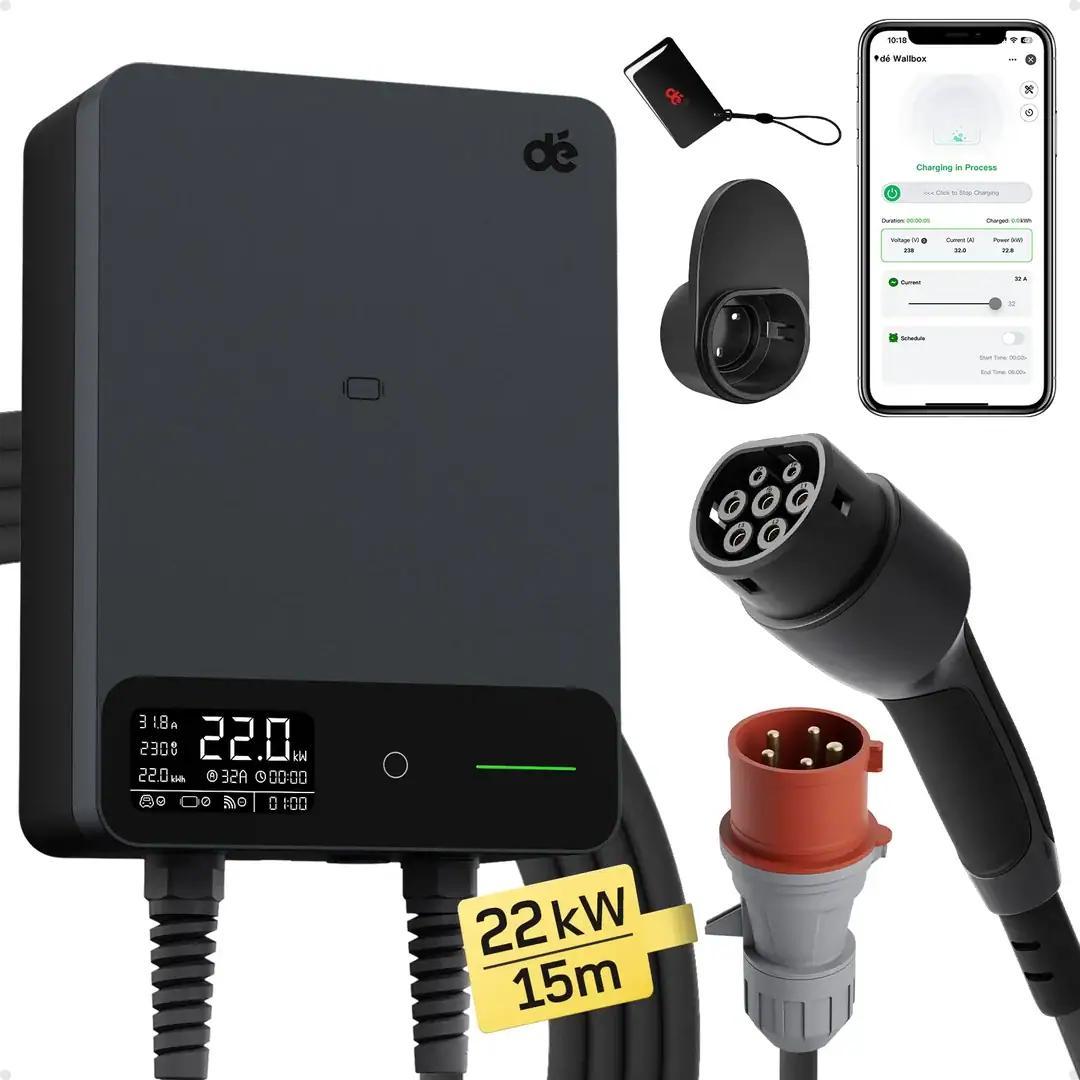 Wallbox-Ladestation für Elektrofahrzeuge, fest installiert, 22 kW, Typ 2, mit 15 Metern Kabel