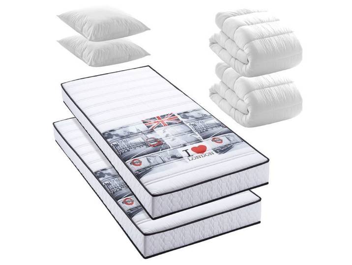 Pack Westend- Lot de 2 Matelas London mousse 90x190 + 2x couettes + 2x oreillers– Fabriqué en Belgique