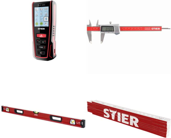 Set STIER Laser Entfernungsmesser + Digitaler Messschieber + Wasserwaage mit Magnet und drei Libellen 1000 mm ±0,5 mm/m + Zollstock 2m