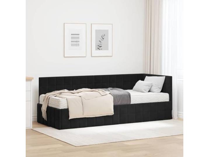 HFMDRMU Samt-Eckbettgestell mit mittelfester Schaumstoffmatratze und wandmontiertem Kopfteil, Schwarz Samt, modernes Design mit stabilem Sperrholzrahmen