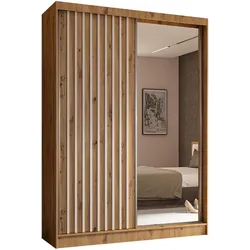 KLEIDERSCHRANK mit Spiegel-Schiebetüren und Aluminium-Leisten, LED-Beleuchtung - LAMELO - 150 cm Artisan+Artisan+Weiß