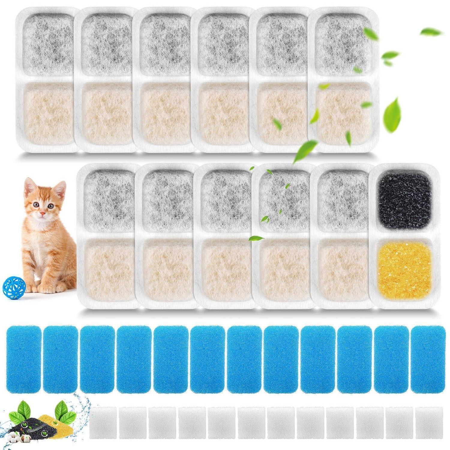 Oneisall Vervangingsfilterset voor Katzenbrunnen, compatibel met Oneisall PWF-001 2L: 12 filters, 12 voorfiltersponsjes en 12 pompfiltersponsjes