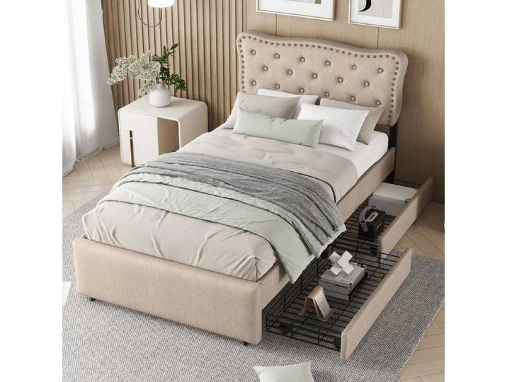 Lit plat 90X200cm lit rembourré rembourrage de table de chevet avec rivets décoratifs double tiroir beige foncé