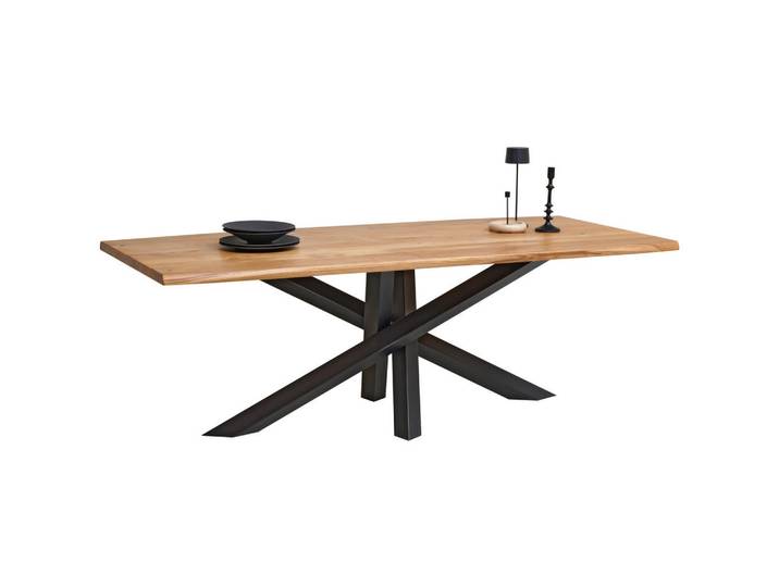 Linea Natura Esstisch, Schwarz, Eichefarben, Holz, Metall, Eiche, massiv, rechteckig, Sternfuss, 100x75x220 cm, Esszimmer, Esstische, Holztisch, Massivholztische