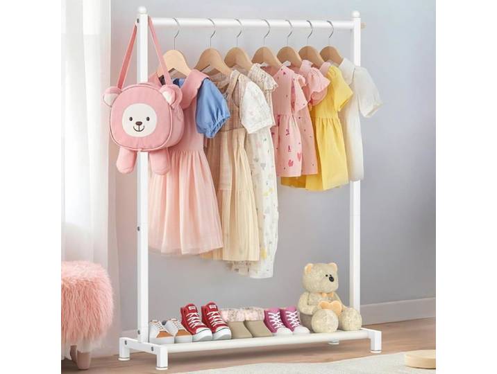 Porte-Vêtements Enfant avec Étagère Inférieure Portant Métal Autoportant pour Vêtements d'Enfants Rangement Chambre Blanc