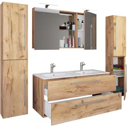 VCM, Badmöbelset, 5.-tlg. Doppel Waschplatz Zwei Waschtisch Budasi Spiegelschrank Hochschrank