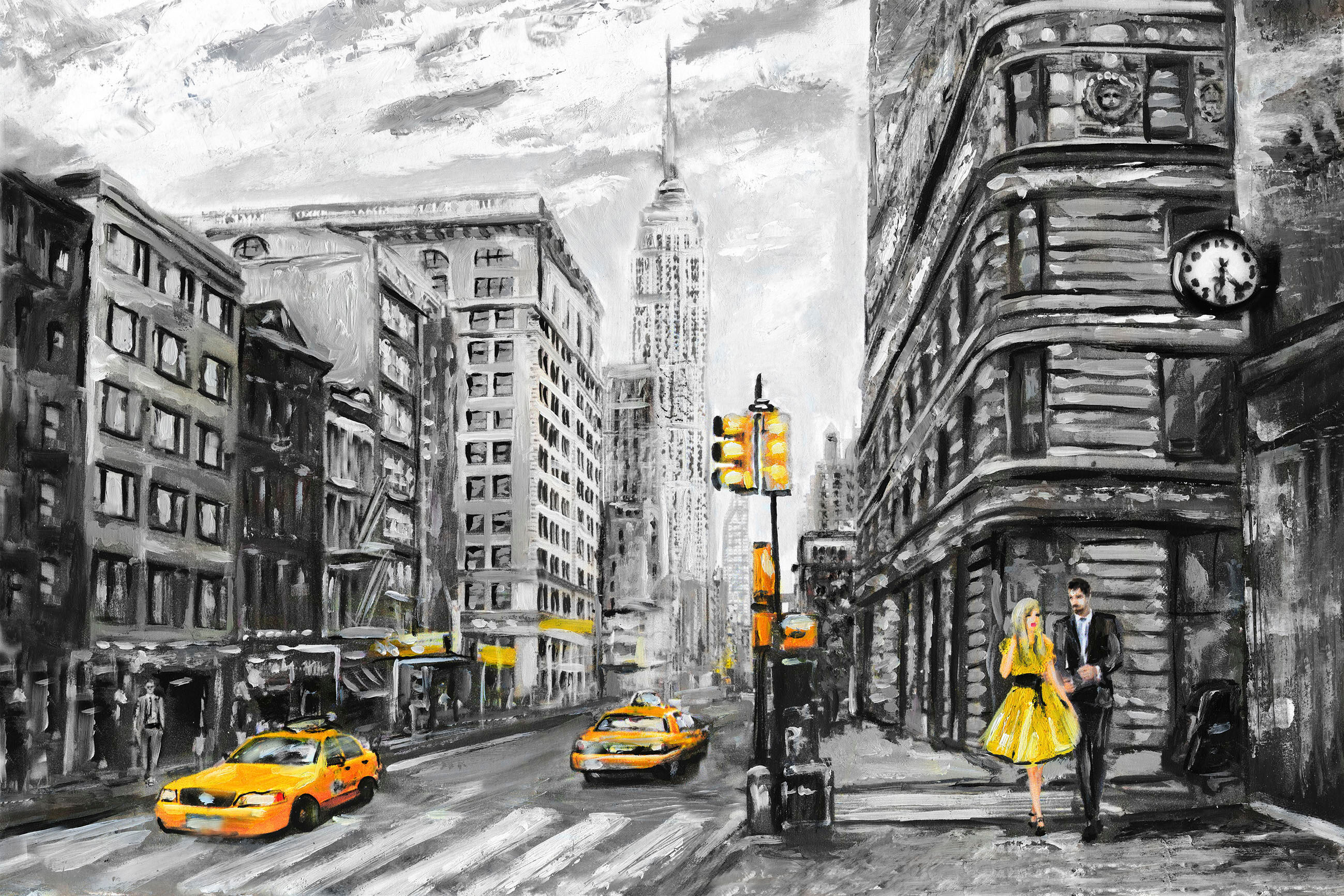 Leinwandbild QUEENCE "New York", gelb (farbe bild(er): gelb), B:60cm H:40cm T:2cm, Canvas, Holzrahmen, Bilder, Leinwandbild, Wanddeko, schwarz, weiss, gezeichnet, Amerika, Premium Leinwandstoff farbe bild(er): gelb B/H/T: 60cm x 40cm x 2cm, rechteckig Ame