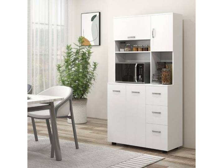 Buffet de cuisine blanc 89 x 39 5 x 168 cm 3 tiroirs 3 étagères plan de travail anti-basculement