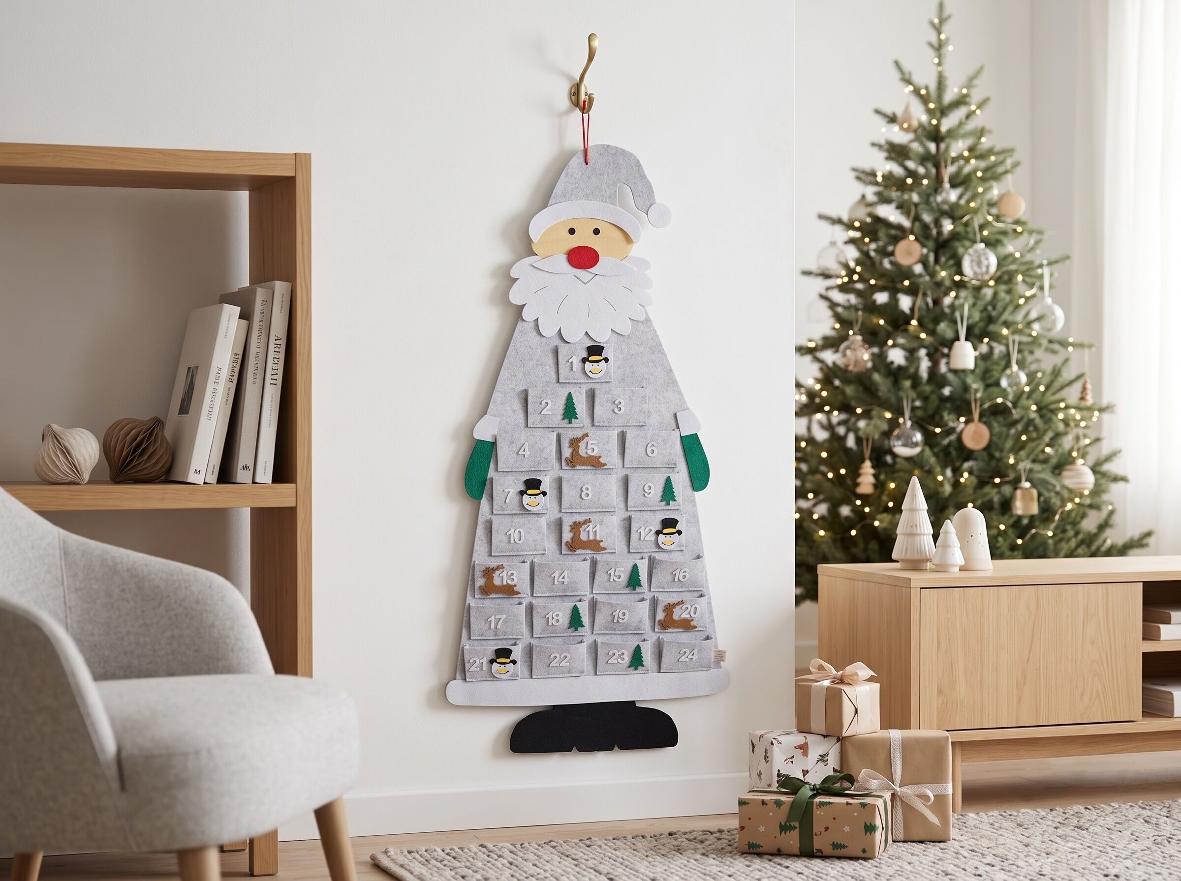 Adventskalender GOODPRODUCT "Weihnachtsmann aus Filz mit 24 unbefüllten Taschen", grau (bunt), B:55cm H:100cm T:2cm, Polyester, Adventskalender, Adventskalender, ca. 100x55cm, zum Hängen an Tür oder Wand, wiederverwendbar bunt Einheitsgröße