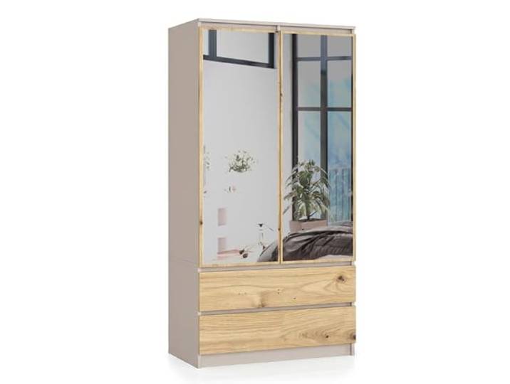 BDW Kleiderschrank 2 Türen 2 Schubladen 2 Spiegel für das Schlafzimmer Wohnzimmer Diele 180x90x51 (Kaschmir/Eiche Artisan)