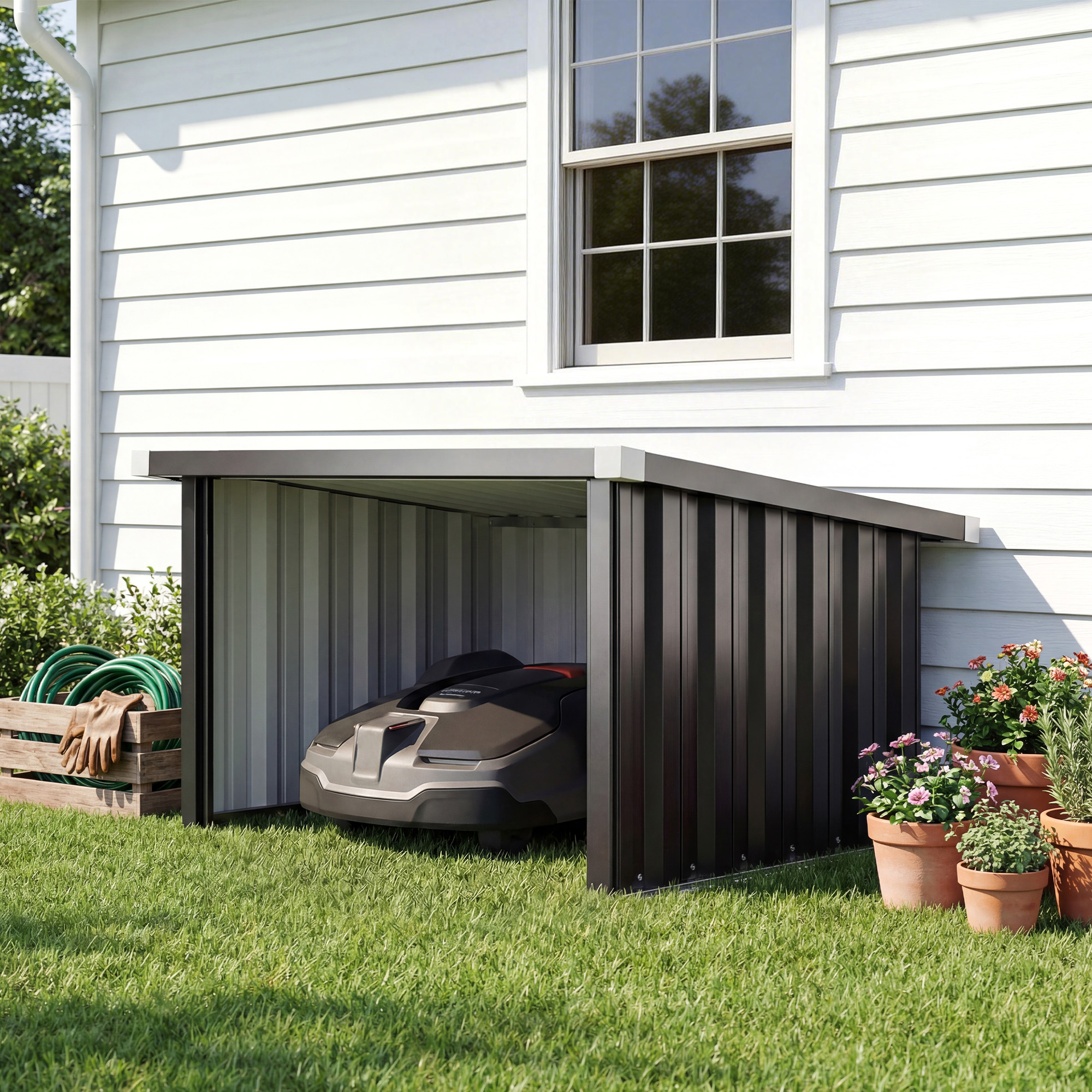 Outsunny Garage per Robot Tagliaerba con Tetto Inclinato in Acciaio, 108x86x62.5 cm, Grigio Scuro   Aosom Italy