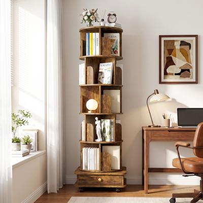 Rackcog Rollway Rotating Bookshelves with Storage Cabinet, 5-Tier Rolling Revolving Bookcase with Wheels