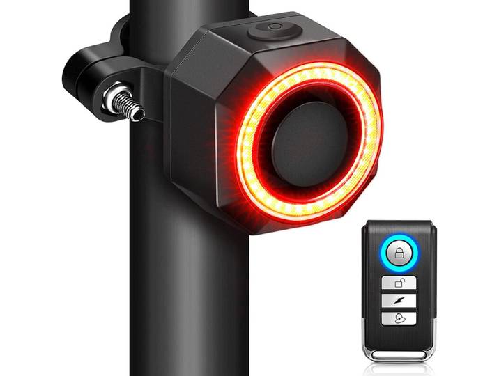 Feu arrière de frein de vélo à capteur intelligent avec alarme antivol, télécommande, rechargeable USB-C, étanche IP65, feu de sécurité arrière de vélo