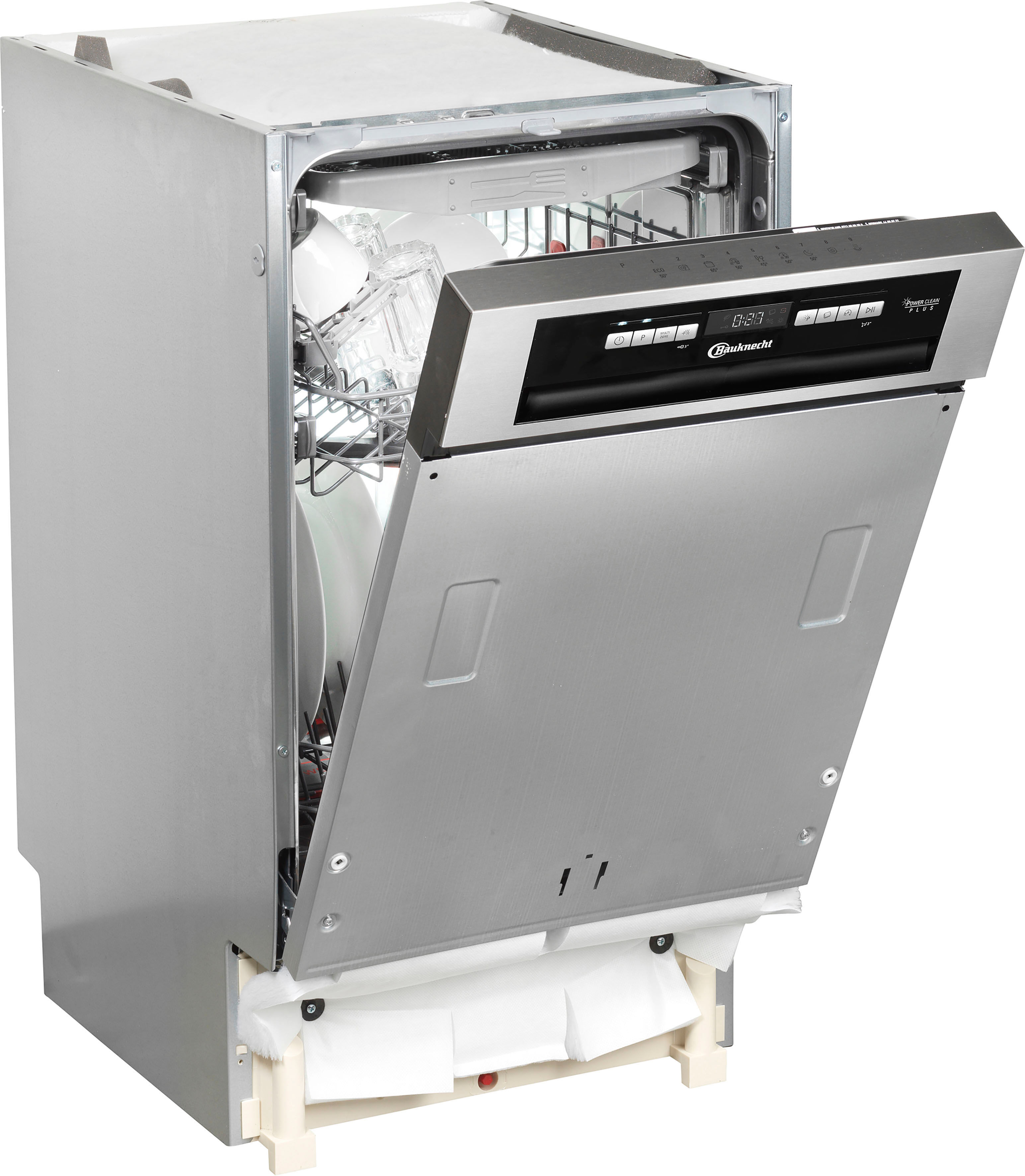 Bauknecht teilintegrierbarer Geschirrspüler "BSBO 3O21 PF X", Energieeffizienz: E, silber (silberfarben), B:44,8cm H:82cm T:55,5cm, Geschirrspüler, PowerClean Hochdruckdüsen – reinigt hartnäckigste Verschmutzungen, teilintegrierbarer Geschirrspüler