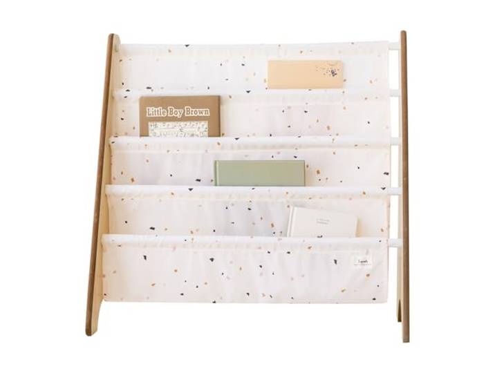 3 Sprouts Bücherregal Kinder, 35 Bücher, Terrazzo Creme frontale Stoffablagen mit 4 Ebenen für Kinderzimmer, Kita und Leseecke Geschichten bleiben sichtbar und griffbereit