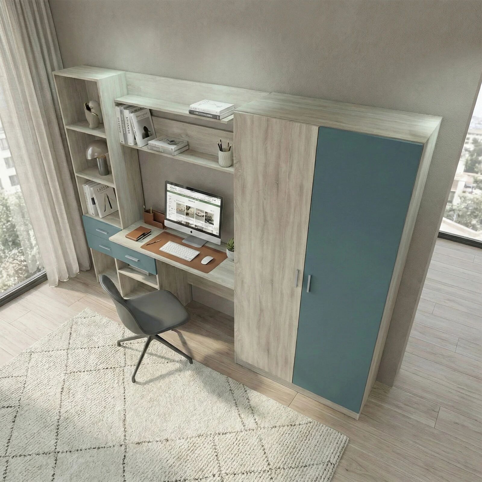 garneroarredamenti Scrivania ufficio 220x180h cm con armadio e libreria rovere blu petrolio Alexia Gihome®