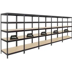 PROREGAL Mega Deal 5er-Set Schwerlastregal Rivet | HxBxT 180x90x60cm | Fachlast 250kg | Schwarz | Innovatives Stecksystem, Lagerregal, Kellerregal