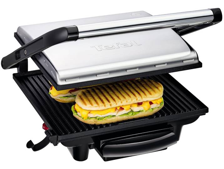 Kontaktgrill TEFAL GC241D Inicio , silber (silberfarben), B:33cm H:11cm T:38,5cm, Kontaktgrill_Standgrill_Tischgrill_Teppanyakigrill, Kontaktgrill, fettarmes Grillen, gerillte Grillplatten antihaftbeschichtet, wenig Öl