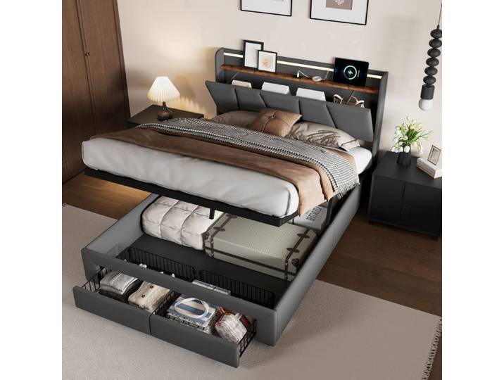 Lit 140x190 cm - Lit adulte - Lit double - LED et USB - 140x190 - Gris