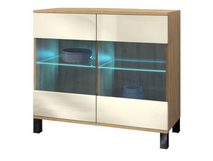 Vladon Kommode Bari V3, Moderner Küchenschrank mit 2 großen Glastüren inkl. RGB Beleuchtung Eiche Evoke/Creme Hochglanz (92,5 x 84.5 x 35)