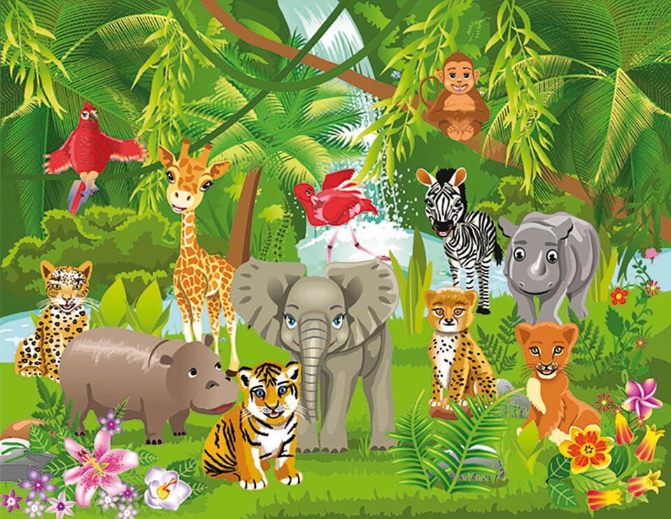 Fototapete PAPERMOON "Kids Jungle Animals", bunt, B:5m L:2,8m, Vlies, Tapeten, Fototapete bunt B/L: 5m x 2,8m, Bahnen: 10 Stk.