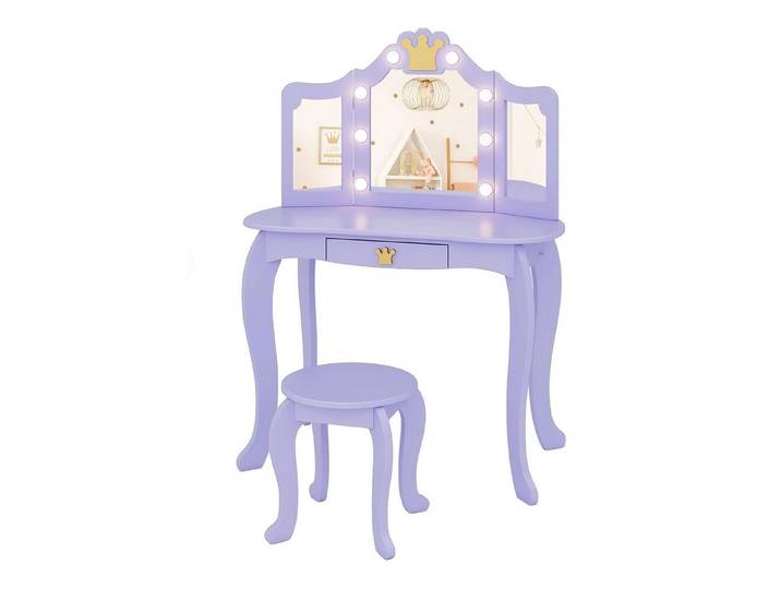 COSTWAY Schminktisch Kinderschminktisch mit Hocker, mit LED Beleuchtung
