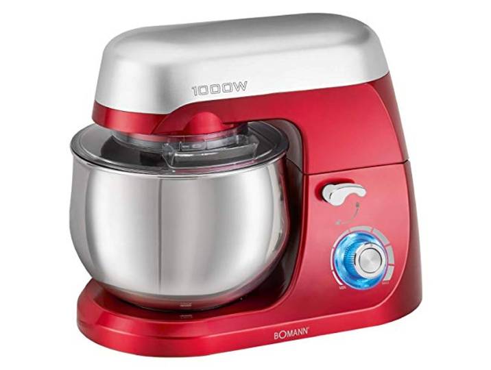 Bomann Knetmaschine 5 Liter Edelstahlschüssel 1000 Watt stufenlose Geschwindigkeitsregelung Rührhaken + Knethaken + Schneebesen Transparenter Spritzschutzdeckel (Öffnung) KM 6009 CB rot