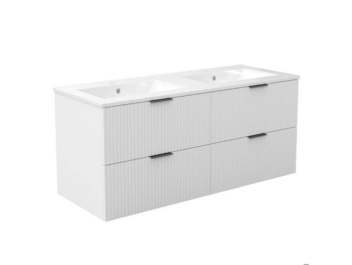 AICA Meuble de salle de bain mural 120 cm Blanc - 4 tiroirs + Lavabo double en céramique