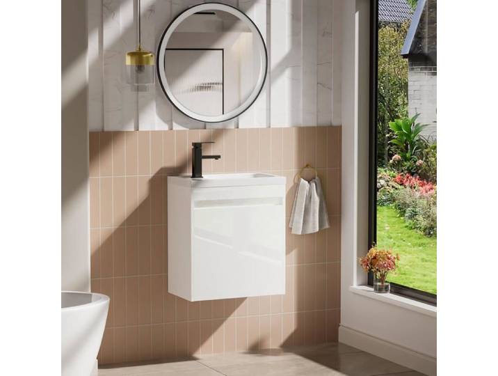GOOBUY Meuble de Salle de Bain Mural 51 cm Meuble-Lavabo Suspendu avec Rangement Lavabo en Résine avec Robinet Blanc