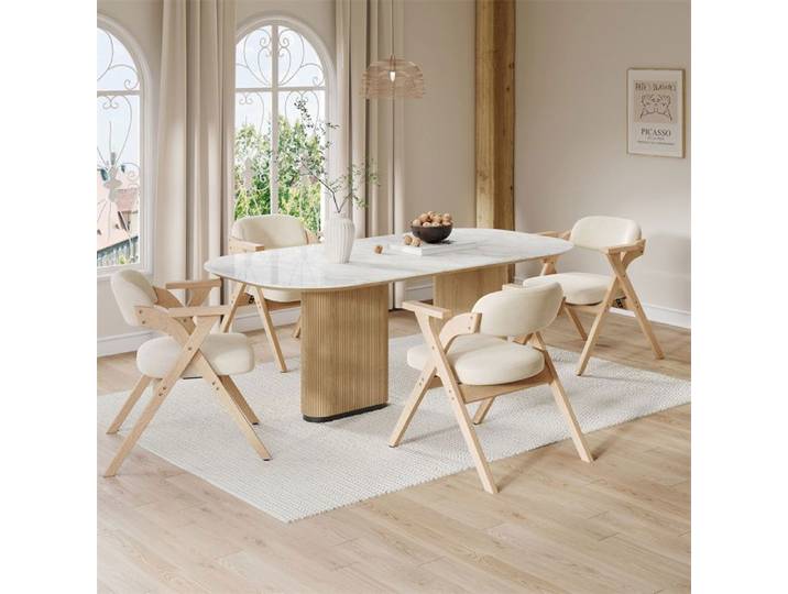 Chaise de salle à manger - Pliable - Velours beige - Bois massif - Lot de 4
