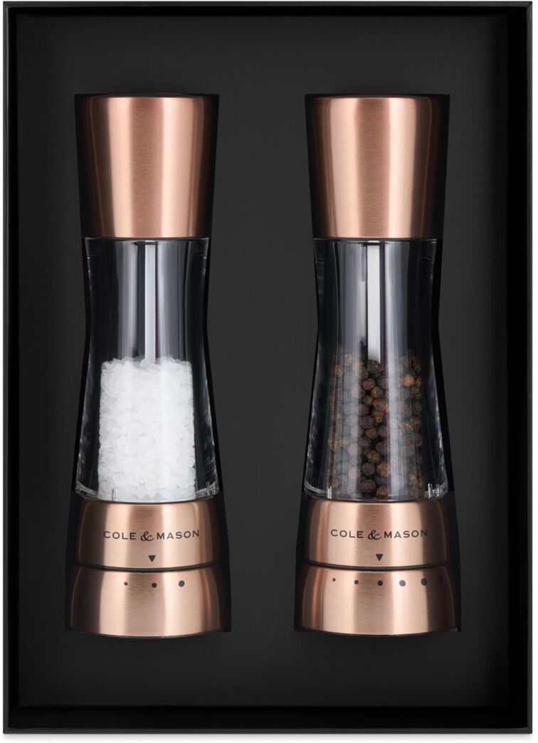 Cole & Mason Brand No Power Source Required / Manual Salt & Pepper Mill Set Copper 19cm H X 6cm W