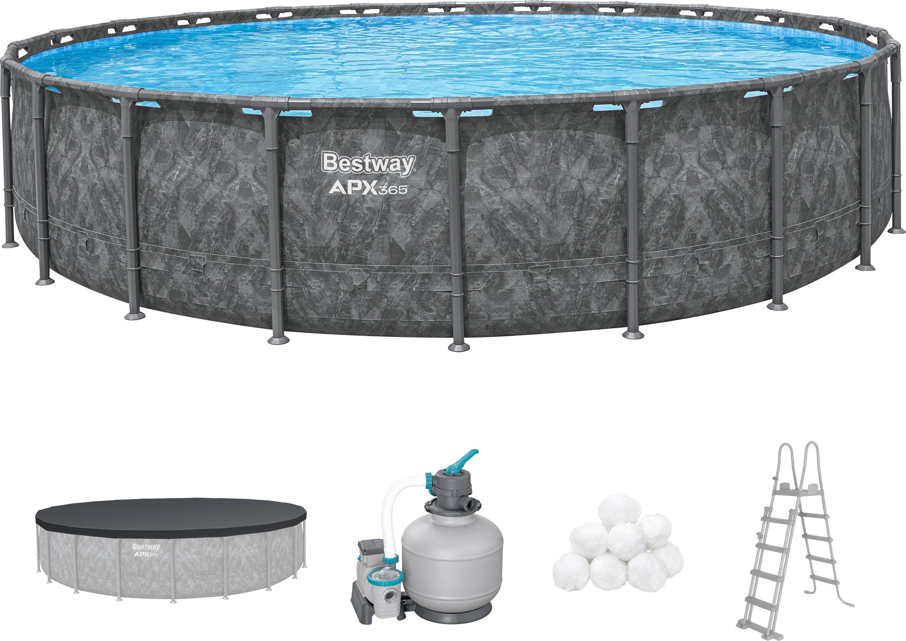 Bestway APX365 Winterfestes Frame Pool Komplett-Set mit Sandfilteranlage Ø 671 x 132 cm, Marmor-Optik (Dunkel), rund