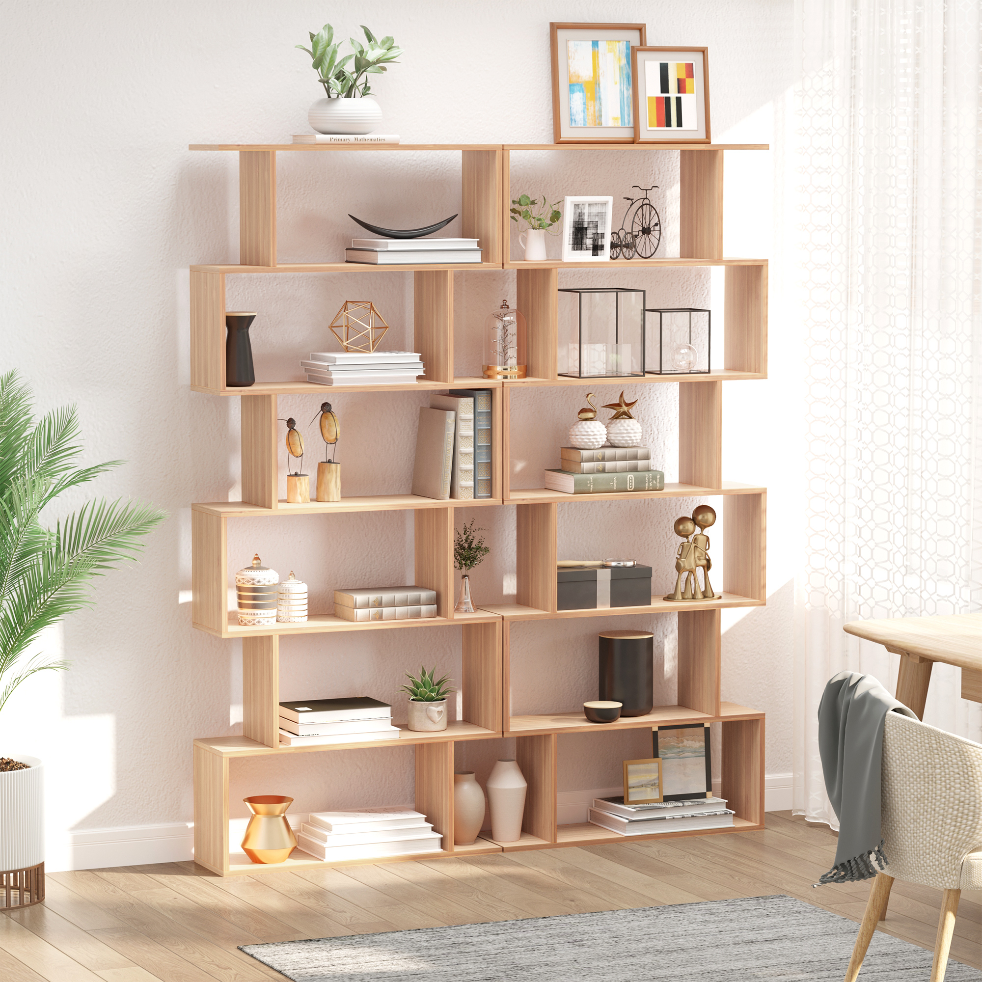 Homcom Libreria Scaffale Moderno Zig Zag in Legno Naturale per Soggiorno Casa o Ufficio Design Elegante e Funzionale per Stile Contemporaneo Aosom
