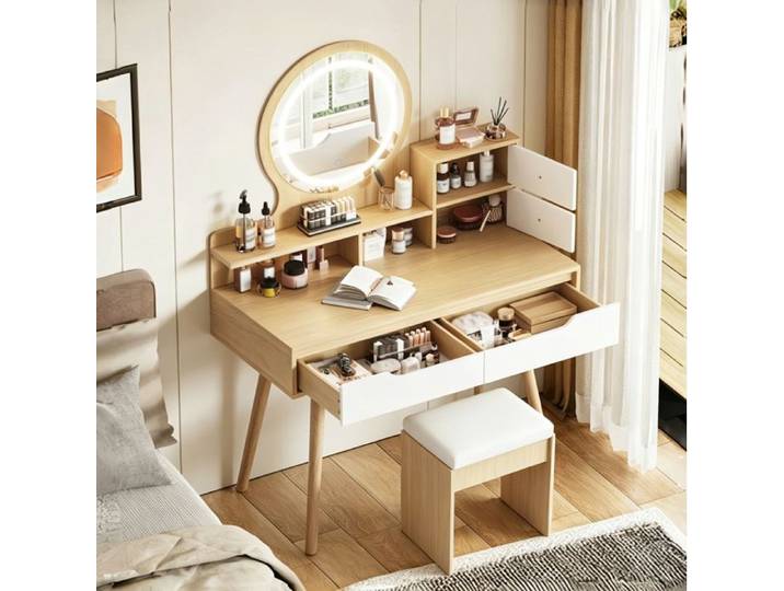 Coiffeuse avec miroir LED 2 grands tiroirs et 2 rangements hocker rembourré pour chambre MDF bois naturel - UVRION