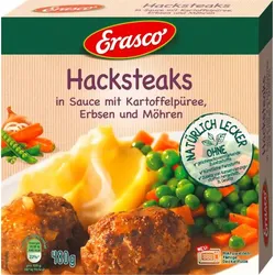 Erasco Hacksteaks in Sauce mit Kartoffelpüree, Erbsen und Möhren