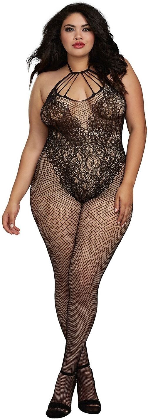 Dreamgirl Bodystocking Grande taille résille dans un style Body avec magnifique décolleté à lanières