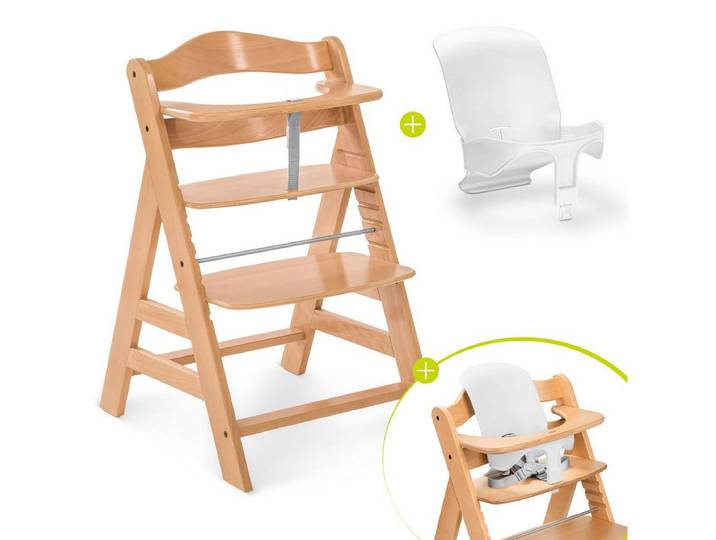 Hauck Hochstuhl Alpha Plus - Natur, Mitwachsender Holz Kinderhochstuhl verstellbar mit Baby-Sitz & Gurt