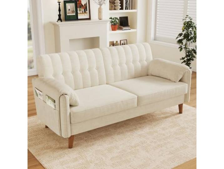 Merax 2-Sitzer Sofa aus Chenille, kleines Sofa mit Dicker Polsterung,Beige Getuftete Rückenlehne, Taschenfederkern, 2 Armlehnenkissen, Seitentaschen