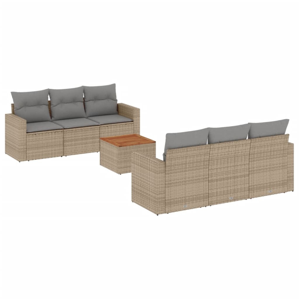 7-tlg. Garten-Lounge-Set, modulares Outdoor Sofa mit Stauraum, wasserabweisende Kissen, PE-Rattan, Akazienholz-Tisch, Beige/Hellgrau