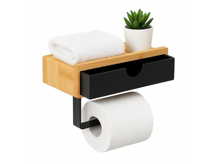 Relaxdays Toilettenpapierhalter Schwarz Natur Bambus Metall Wandmontage 13x18,5 cm, Mehrfarbig, Holz, Metall, Kunststoff, 18.5x13x10.5 cm, Badezimmer, WC Ausstattung, WC-Rollenhalter