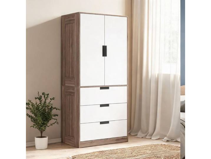 Armoire penderie 2 portes 3 tiroirs marron et blanc 80x50x180 cm chambre