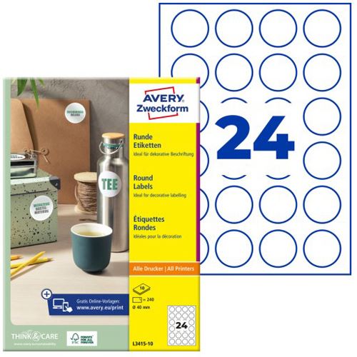 AVERY Zweckform 240 Etiketten L3415-10 weiß 40,0 x 40,0 mm