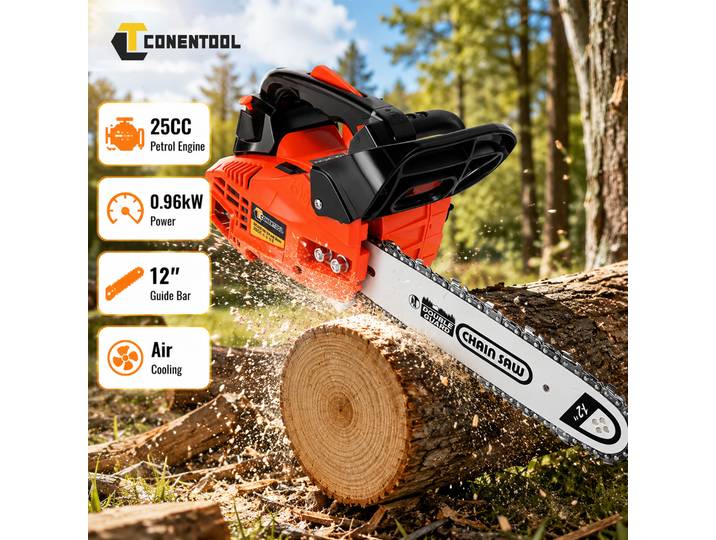 CONENTOOL Tronçonneuse à essence 2 temps 25 cm³, mini tronçonneuse à essence 12 pouces, refroidie par air, coupe-bois 11 500 tr/min, scie à bois portable, outil de jardinage pour l'élagage des arbres