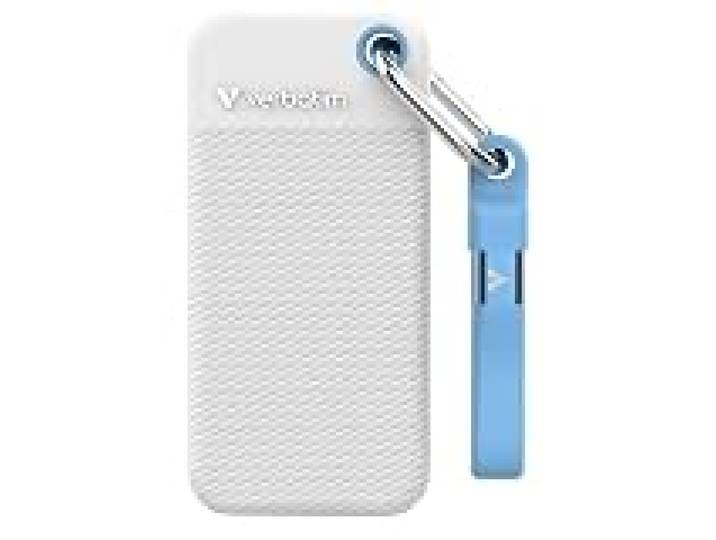 Verbatim Pocket SSD 1To, SSD Externe USB 3.2 Gen 2, jusqu'à 1000 Mo/s en Lecture et écriture, Disque Dur Externe avec 2 étuis en Caoutchouc (Blanc & Bleu Clair) pour PC, Mac & Console, Blanc