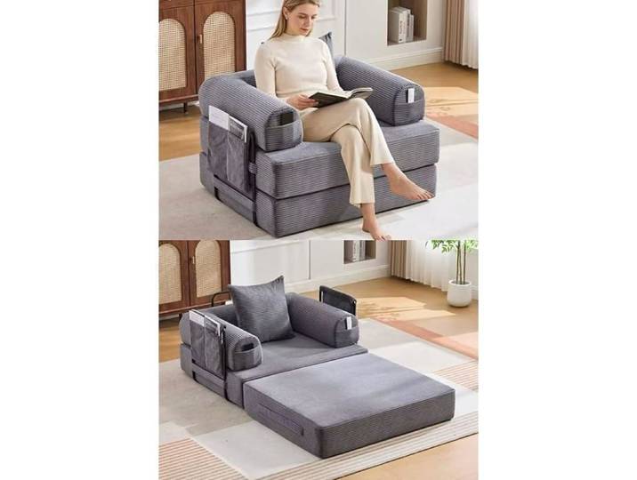 Canapé Lit 1 Place – Convertible compressé poches latérales coussins inclus – Fauteuil pliant pour petit salon ou gris CANAPE