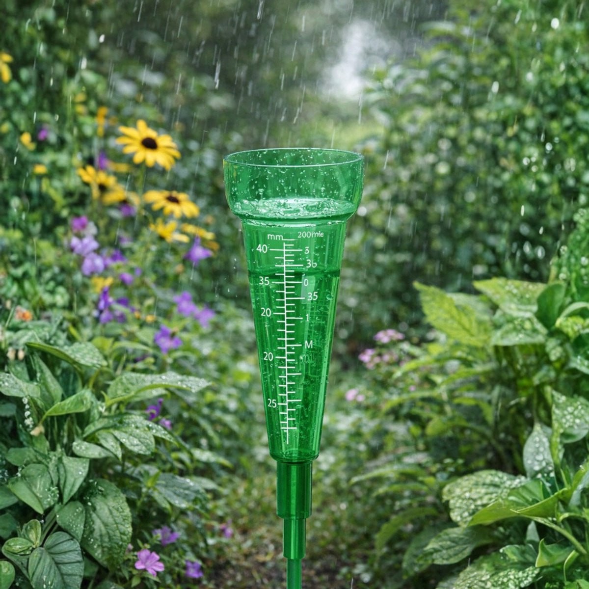 Regenmeter met grondpen in transparant groen van kunststof